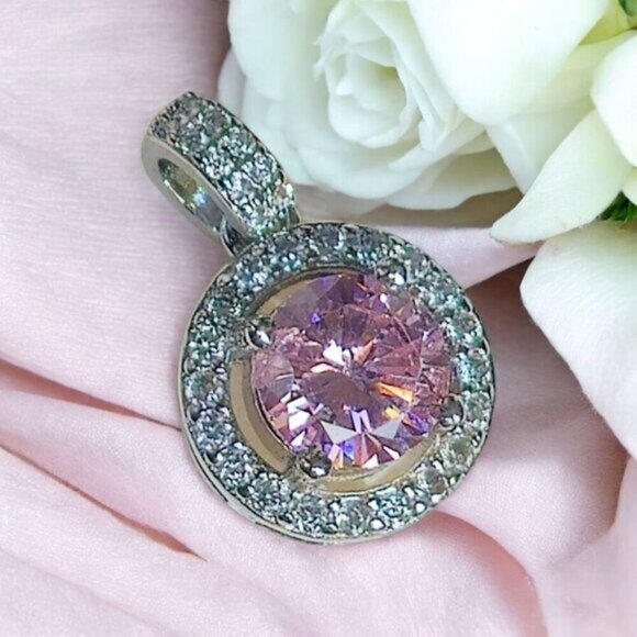 Hand Crafted Jewelry - 3ct Pink Moissanite ✦ Halo Pendant Necklace ✦ 925 Silver 14K Gold Overlay 18"
